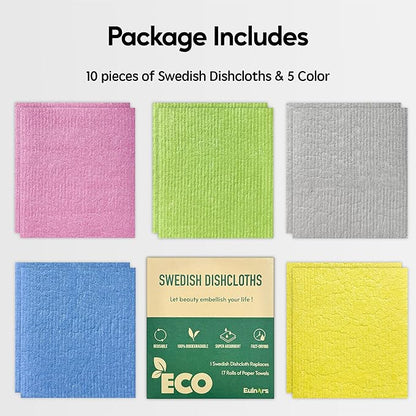 Eulnars Swedish Dishcloths for Kitchen, 10 Pack Reusable Paper Towels Washable, Ultra Absorbent Dish Towels for Washing Dishes, Non-Scratch Cellulose Sponge Cloths, No Odor, Biodegradable