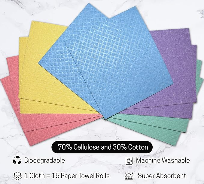 Sponge Cloth (pack of 10) - Swedish Dishcloth - Durable - Eco-friendly – Biodegradable - Reusable - Odor-free – Super Absorbent - Cellulose Sponge Dish Towel for the Kitchen – Assorted Colors
