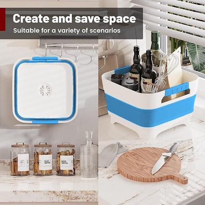 MontNorth 2.4 Gal Collapsbile Wash Basin with Drian Plug,9L Dish Pan for Soaking Baby Bottles,Portable Sink, Multiuse Foldable Bucket,Ice Beverage Tubs for Camping, Vegetable Washing, RV (Blue)