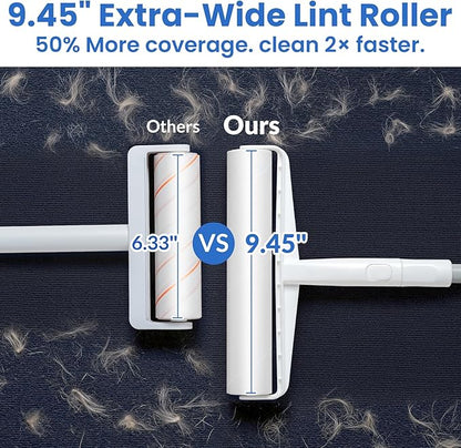 Large Lint Roller for Floors Carpet Furniture Bed – 9.45" Wide Extra Sticky Pet Hair Remover, 4 Refills 360 Sheets Value Pack, Long Handle for No-Bending Cleaning –Ideal for Dog Cat Owners Homes