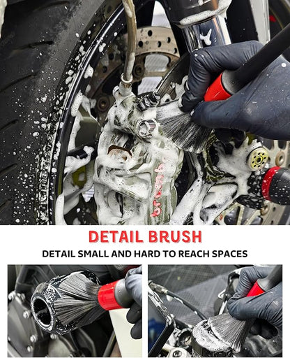 oesee Motorcycle Cleaning Brush Kit, Easy Reach Brush, Wool Wash Mitt, Stiff Tire Brush, Detailing Brush& Microfiber Towel for Motorcycle Mudguard, Rims, Paint, Exhaust