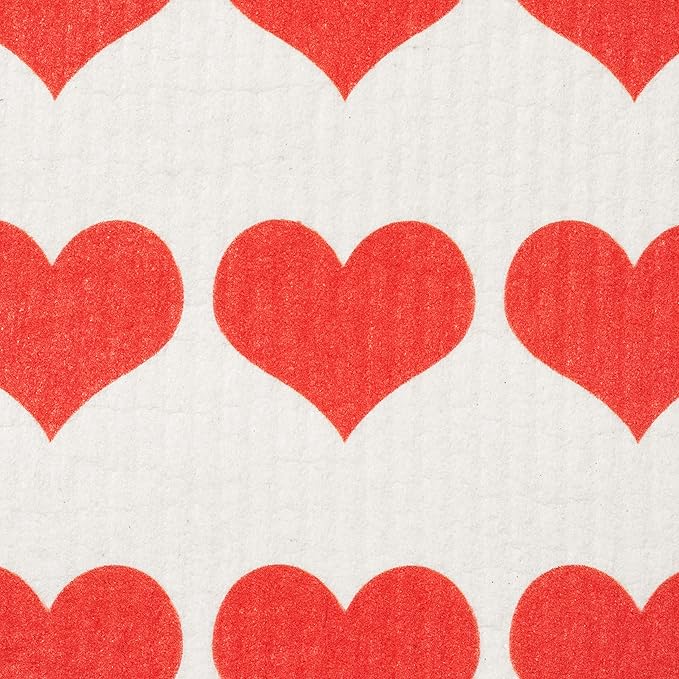 Swedish Dishcloths 2-Pack - Reusable Cellulose Sponge Cloths, Super Absorbent Kitchen Cleaning Towels, Machine Washable, Red Hearts Row Design, 7.87"x6.88"