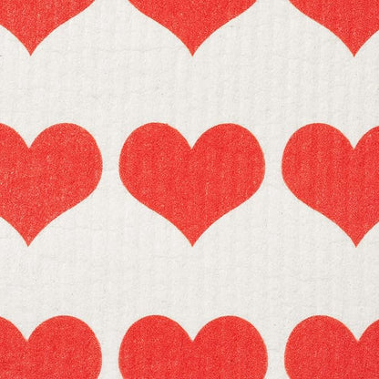 Swedish Dishcloths 2-Pack - Reusable Cellulose Sponge Cloths, Super Absorbent Kitchen Cleaning Towels, Machine Washable, Red Hearts Row Design, 7.87"x6.88"