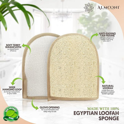 Almooni Egyptian Loofah Gloves for Women & Men, Real Natural Egyptian Loofah Mittens with Terry Cloth, Premium Exfoliating Mitt for Body Cleansing, 2-Pack