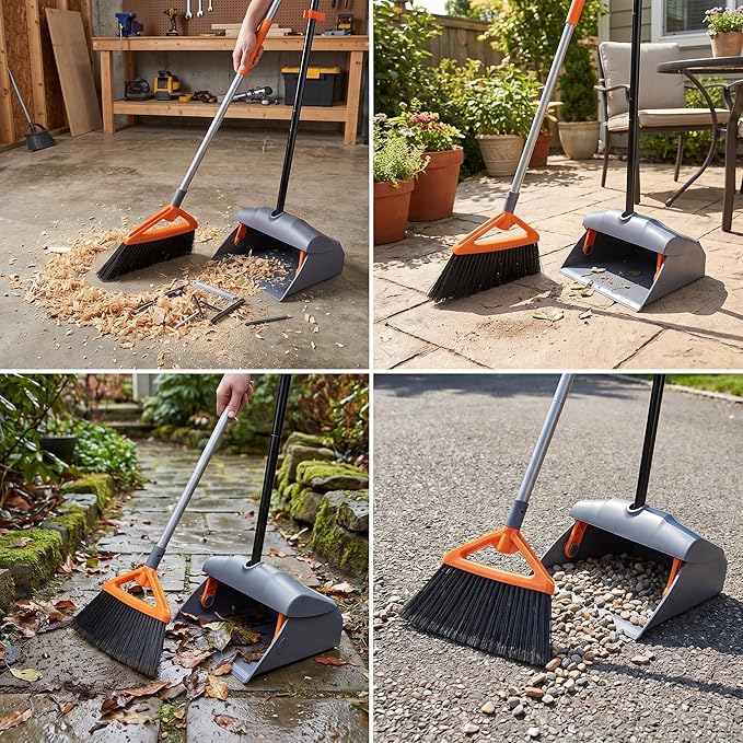 CLEANHOME Heavy Duty Broom with Dustpan Combo Set Indoor and Outdoor Dual Purpose,Stiff Bristle Commercial Angle Broom and Standing Dust Pans with Long Handle for Sweeping Home,Kitchen,Yard,Grey