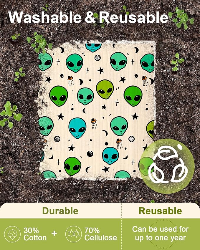 Miss Adola Swedish Dishcloths for Kitchen - 5 Pack Reusable Dish Cloths for Washing Dishes Absorbent Cute Funny Kitchen Towels Cleaning Sponge, Alien