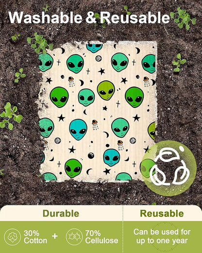 Miss Adola Swedish Dishcloths for Kitchen - 5 Pack Reusable Dish Cloths for Washing Dishes Absorbent Cute Funny Kitchen Towels Cleaning Sponge, Alien