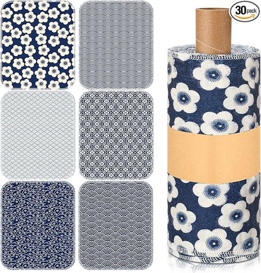 Redbaker 30 Pcs Reusable Paper Towels Rolls Kitchen Towels Bulk Washable Paperless Cloth Cotton Hand Napkins with Cardboard Reusable Napkins for Kitchen Bathroom (Geometric Style)