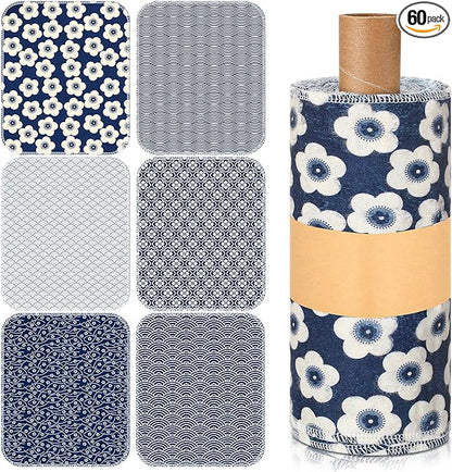Redbaker 60 Pcs Reusable Paper Towels Rolls Kitchen Towels Bulk Washable Paperless Cloth Cotton Hand Napkins with Cardboard Reusable Napkins for Kitchen Bathroom (Geometric Pattern)