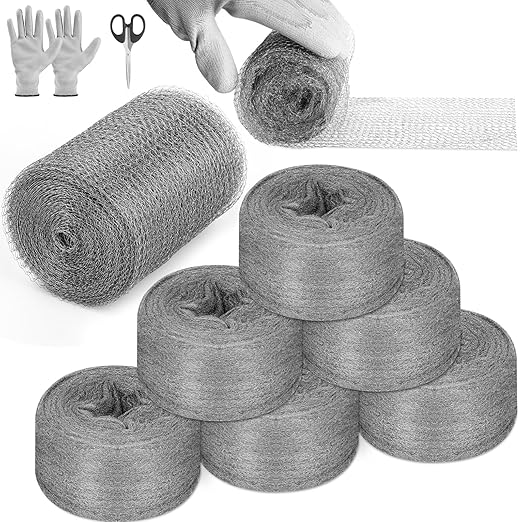 Steel Wool Mice Control, 6 Pack 3.2" x60 FT #0 Steel Wool & 1 Pack 5" x30 FT Wire Mesh, Medium Stainless Steel Wool Keep Mouse Away from Hole,Barrier and Gap Filler for Home Garden Kitchen Pipeline