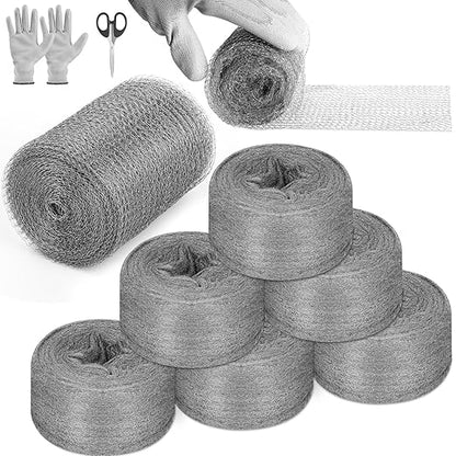 Steel Wool Mice Control, 6 Pack 3.2" x60 FT #0 Steel Wool & 1 Pack 5" x30 FT Wire Mesh, Medium Stainless Steel Wool Keep Mouse Away from Hole,Barrier and Gap Filler for Home Garden Kitchen Pipeline
