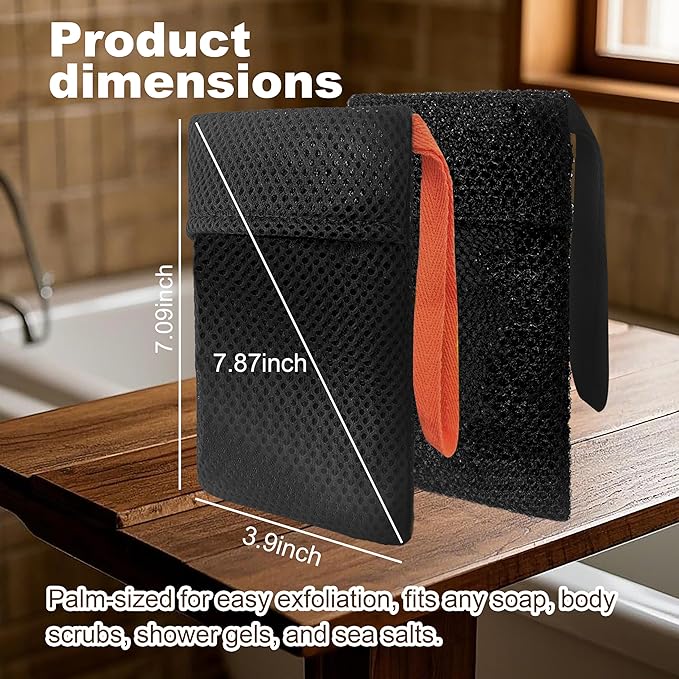 2 Pack Soap Bag Deep and Gentle Exfoliating,Bar Soap Pouch Saver Pocket,Body Scrubber Shower Sponge Bath Loofah (Black)