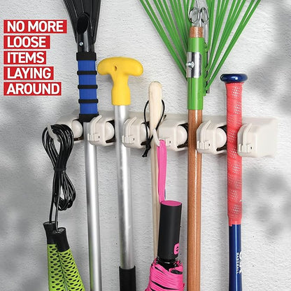 Home It Mop And Broom Holder Wall Mount - Garage Storage Systems with 5 Slots, 6 Hooks, 7.5lbs Capacity Per Slot - Garden Tool Organizer For Home, Kitchen, Closet, Garage, Laundry Room - Off-White