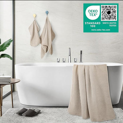 POLYTE 430 GSM Microfiber Quick Dry Lint Free Oversize Bath Towel Set, 6 Piece (Waffle Weave)