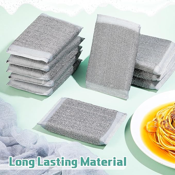 Thyle 12 Pack Kitchen Steel Scrubbing Sponges, Heavy Duty Non Scratch Metal Scrub Pads, Reusable Cleaning Sponges for Dishes, Pots, Pans, Sink and Tough Hard Stains (Gray)