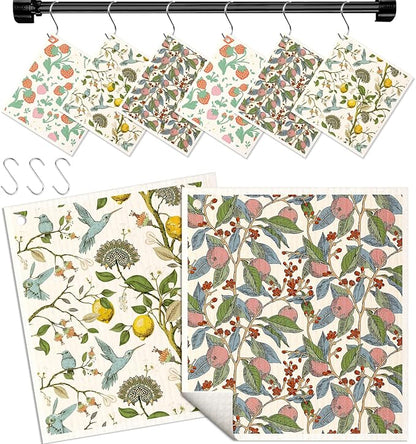 Miss Adola Kitchen Swedish Dishcloths with Hooks - 6 Pack Reusable Dish Cloths for Washing Dishes Fast Drying Cute Fun Swedish Dish Towels Washable Cleaning Sponge, Trees Fruits