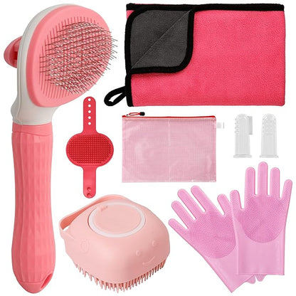 Pet Grooming Set, Dog Bathing Supplies, Bathing Glove, Towels, and Shampoo Brush, Finger-Sleeve Toothbrush for Dogs and Cats, Including a Comb Set, Suitable for Small Dogs and Cats 9-Piece (Pink)