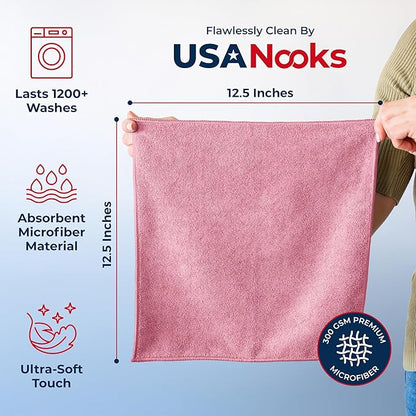 USANOOKS Microfiber Cleaning Cloth Light Pink - 100 Pcs 12.5"x12.5" - High Performance - 1200 Washes, Ultra Absorbent Towels Weave Grime & Liquid for Streak-Free Mirror Shine - Car Washing Cloth