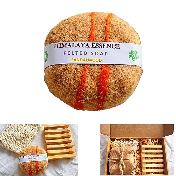 Handmade Felted Soap with Tibetan Yak Milk & Wool - Natural Exfoliating Bar for Face & Body, 6 Scents, Includes Bamboo Dish & Travel Pouch (Sandalwood)