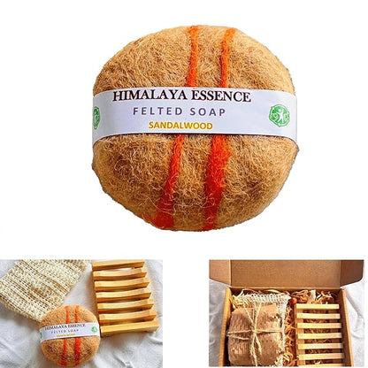 Handmade Felted Soap with Tibetan Yak Milk & Wool - Natural Exfoliating Bar for Face & Body, 6 Scents, Includes Bamboo Dish & Travel Pouch (Sandalwood)