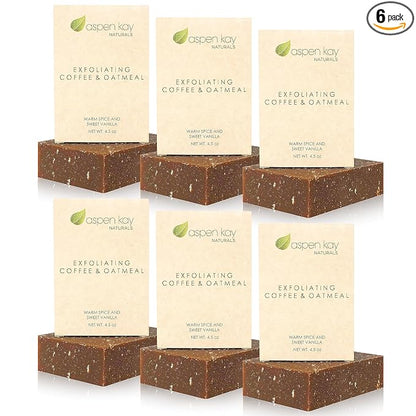 Aspen Kay Naturals Coffee & Oatmeal Exfoliating Soap, Natural and Organic Coffee Scrub. With Organic Shea Butter & Pure Essential Oils. A Wonderful Oatmeal Soap, For Men & Women. (6 pack)