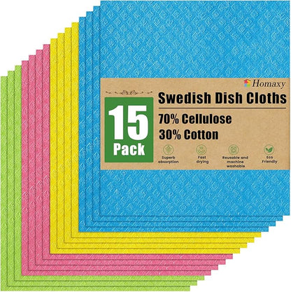 Homaxy Swedish Dishcloths for Kitchen, 15 Pack Reusable and Washable Cellulose Sponge Cloths Dish Towels, Absorbent and No Odor Paper Towels for Dishes ＆ Counters, Assorted