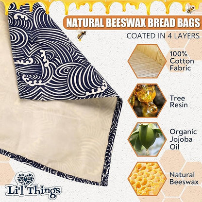 Sourdough Bread Bag – Reusable Beeswax Bread Storage Bags (2 Sizes) for Homemade & Artisan Loaves, Plastic-Free Bread Keeper – Japanese Araumi Waves (CLASSIC)- While Stocks Last