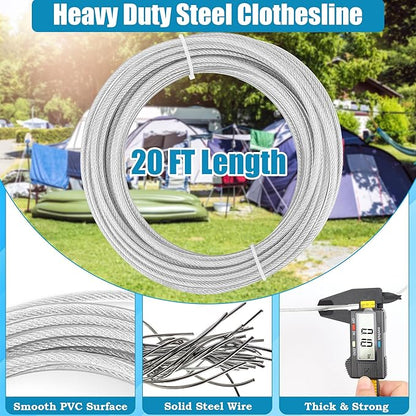 20FT Retractable Travel Clothesline, Adjustable Outdoor Clothesline Drying Clothes Line Laundry for Travel Camping, with Ratchet Pulley/ 2 Screws/ 2 Buckles (Black+Silver, 236, Inches)