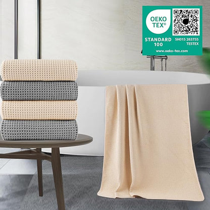 POLYTE 430 GSM Microfiber Oversize Quick Dry Lint Free Bath Towel, 60 x 30 in, 4 Pack (Waffle Weave)