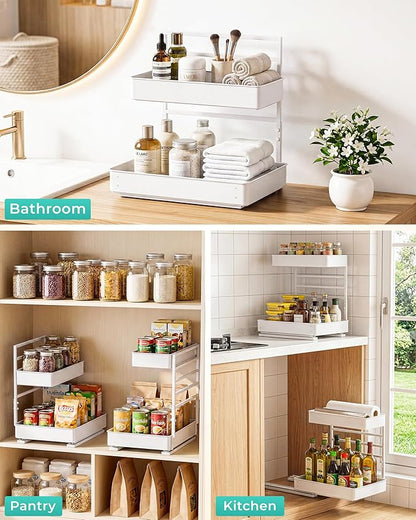 EVERIE Metal Pull Out Slide Shelf Organizer for Framed or Frameless Under Sink CabinetsOrganization in Kitchen, Bathroom, Counter, Cabinets (White, 1 Set)