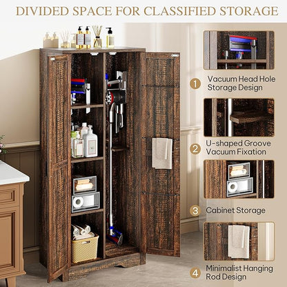 DWVO Wooden Storage Cabinet, Vacuum Cleaner Cabinet Storage Compatible with Dyson Models, Utility Cabinet Stand for Brooms and Mops, Cleaning Tool Cabinet with Doors for Garage