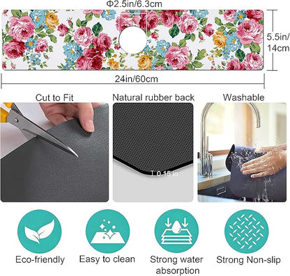 Kitchen Sink Splash Guard Faucet Mat Super Absorbent Fast Drying Mat Sink Gadgets Splash Guard Behind Faucet Drip Catcher for Kitchen (Pink Red Roses Floral, 23.5x5.5in)
