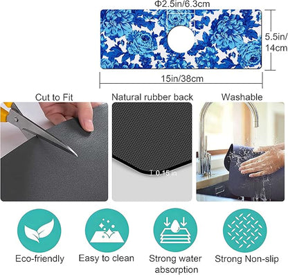 Kitchen Sink Splash Guard Faucet Mat Super Absorbent Fast Drying Mat Sink Gadgets Splash Guard Behind Faucet Drip Catcher for Kitchen (Blue Flowers, 15x5.5in)