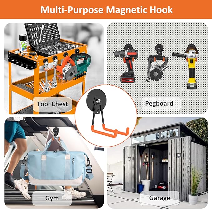 ENUODA Strong Magnetic Hooks 12 Pcs Neodymium Magnet Garage Hooks Anti-Slip Magnet Tool Holder for Hanging Broom, Mop, Shovel, Bridle, Drill, Toolbox, Locker, Container, Tool Chest, 2PCS