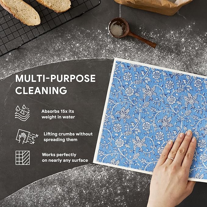 RECYCO Swedish Dishcloths for Kitchen | 4 Pack Oversized Washable Dish Rags | Large Cellulose Reusable Cleaning Paper Towels | Absorbent Counter Dish Cloth Sponge XL Kitchen Wipes, 12" L x 10" W