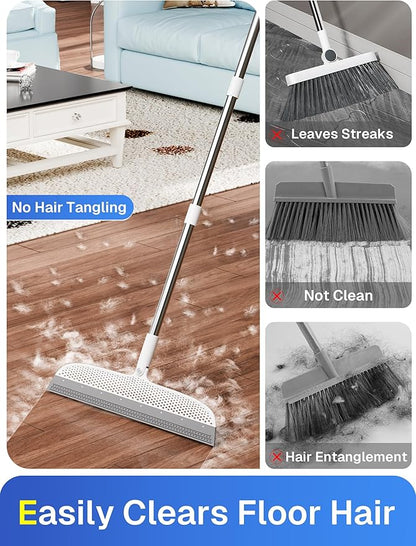Silicone Floor Squeegee, 180° Rotating Air Broom, Squeegee for Floor with a Long Handle, Magic Broom for Water and Pet Hair Removal on Bathroom Floors, Tile, Deck and Glass, Indoor Cleaning Tool