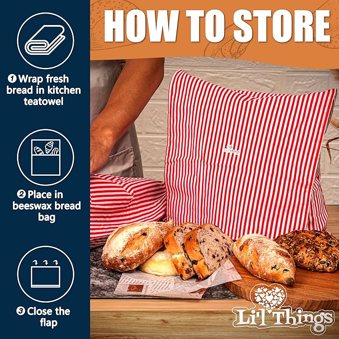 Sourdough Bread Bag – Reusable Beeswax Bread Storage Bags (2 Sizes) for Homemade & Artisan Loaves, Plastic-Free Bread Keeper – Stripey Red (CLASSIC) - While Stocks Last