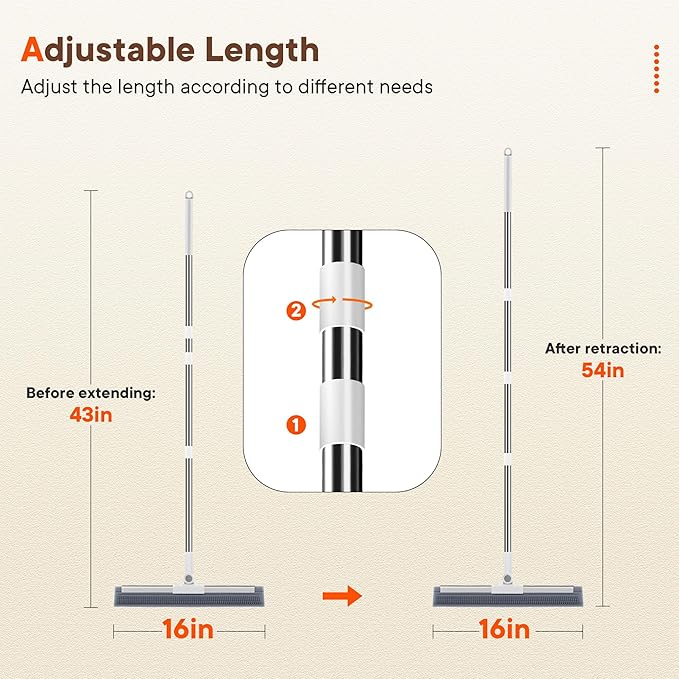 Floor Squeegee Broom with Long Handle, 2 in 1 Rubber Broom with Scrubbing Teeth for Water Removal, Shower, Bathroom, Kitchen, Tile, Concrete, Garage and Pet Hair