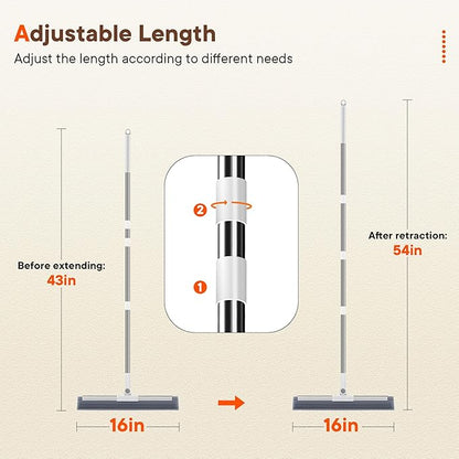 Floor Squeegee Broom with Long Handle, 2 in 1 Rubber Broom with Scrubbing Teeth for Water Removal, Shower, Bathroom, Kitchen, Tile, Concrete, Garage and Pet Hair