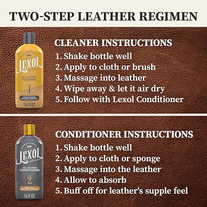 Lexol Leather Cleaner and Conditioner Kit for Furniture, Car Interiors, Shoes, Handbags. Includes 2 Application Sponges. Two-Step System 16 oz Each for Smooth Soft Leather Care and Shine Boosting