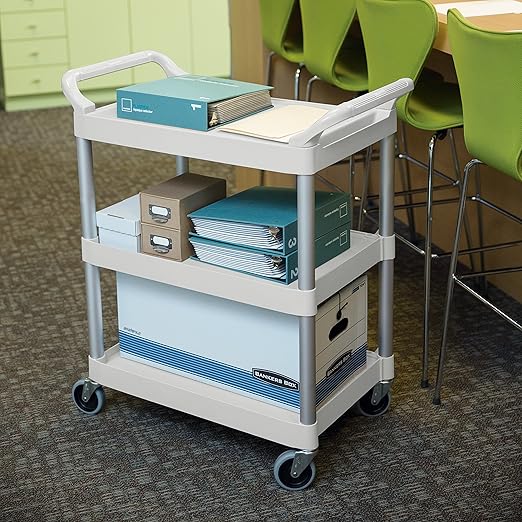 Rubbermaid Commercial Products Plastic Utility Service Cart with Wheels, White, 200 lbs Capacity, for Foodservice/Restaurant/Cleaning/Warehouse/Garage