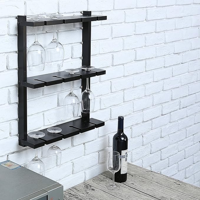MyGift Wine Glass Rack - Wall-Mounted Black Wood Stemware, 12 Glassware Holder Rack, Wine Glasses Storage Hanger for Bar Kitchen
