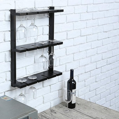 MyGift Wine Glass Rack - Wall-Mounted Black Wood Stemware, 12 Glassware Holder Rack, Wine Glasses Storage Hanger for Bar Kitchen