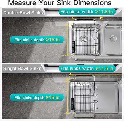 JASIWAY Dish Drying Rack in Sink, Expandable Stainless Steel Dish Drainers for Kitchen Counter, Space Saving Dish Dryer Rack with Drainboard, Over The Sink Dish Racks with Utensil Holder, Black