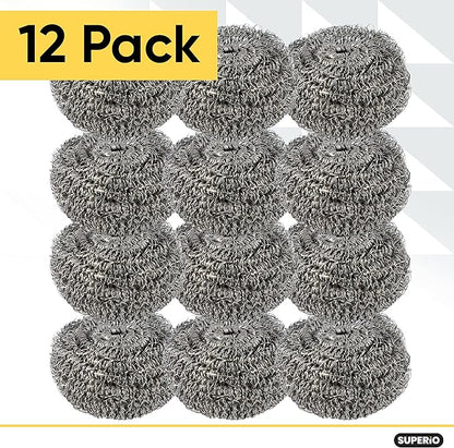 Superio Stainless Steel Scourers Steel Wool Scrubber Pad Used for Dishes, Pots, Pans, Grill, Stoves, and Ovens, Easy scouring for Tough Kitchen Cleaning (12)