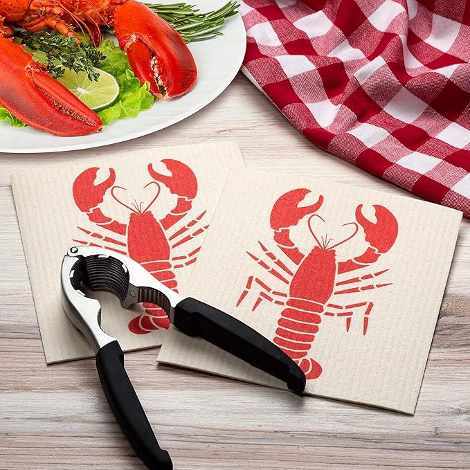 Swedish Dishcloths 2-Pack, Super Absorbent Reusable Cellulose Sponge Cloths, Eco-Friendly Kitchen Cleaning Towels, Machine Washable, with Red Lobster Print, 7.87x6.88 inch