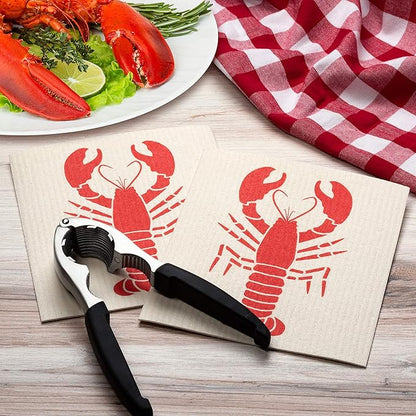 Swedish Dishcloths 2-Pack, Super Absorbent Reusable Cellulose Sponge Cloths, Eco-Friendly Kitchen Cleaning Towels, Machine Washable, with Red Lobster Print, 7.87x6.88 inch