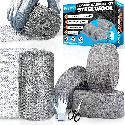 [Upgrade 2-in-1] Steel Wool Mice Control Kit with Stainless Double-Layer Mesh, 3PCS 3.2"x7.5FT Steel Wool & 1PCS 5"x15FT Wire Mesh with Gloves, Scissors, Gap Blocker Mouse Hole Filler for House Garage