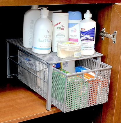 Deco Brothers Stackable Pull Out Cabinet Sliding Basket with Dividers, Large, Silver